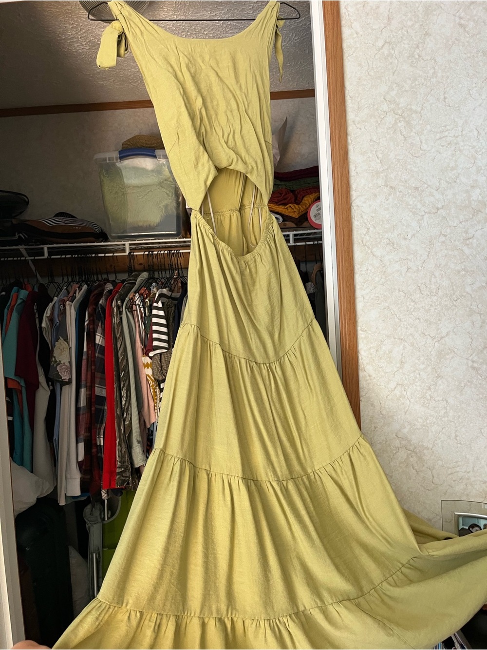 Tie-Shoulder Cutout Maxi Dress in Light Olive